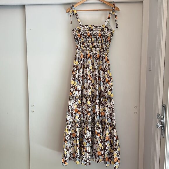 Tory Burch Reverie Smocked Shoulder Tie Brown Floral Print Summer Maxi Dress L - Picture 2 of 6